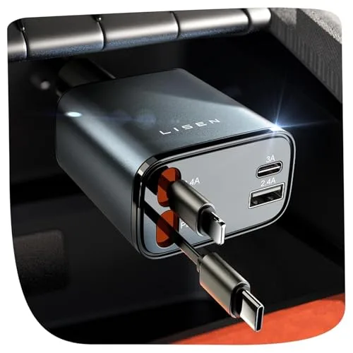 LISEN 4-in-1 Retractable Car Charger, 84W USB-C + USB-A, Dual Retractable Cables