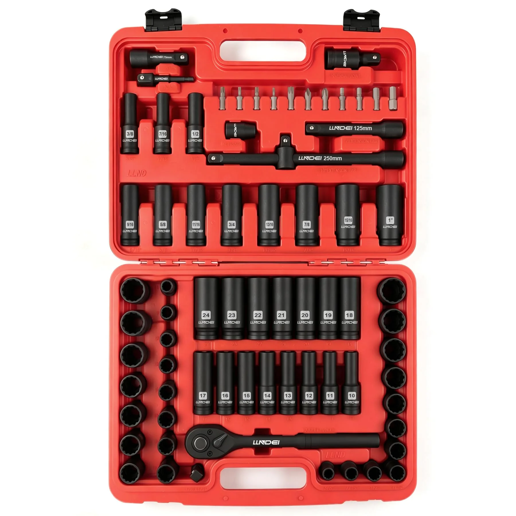 LLNDEI 72-Piece 1/2" Impact Socket Set, 6 & 12-Point, Deep & Shallow, CR-V, SAE/Metric