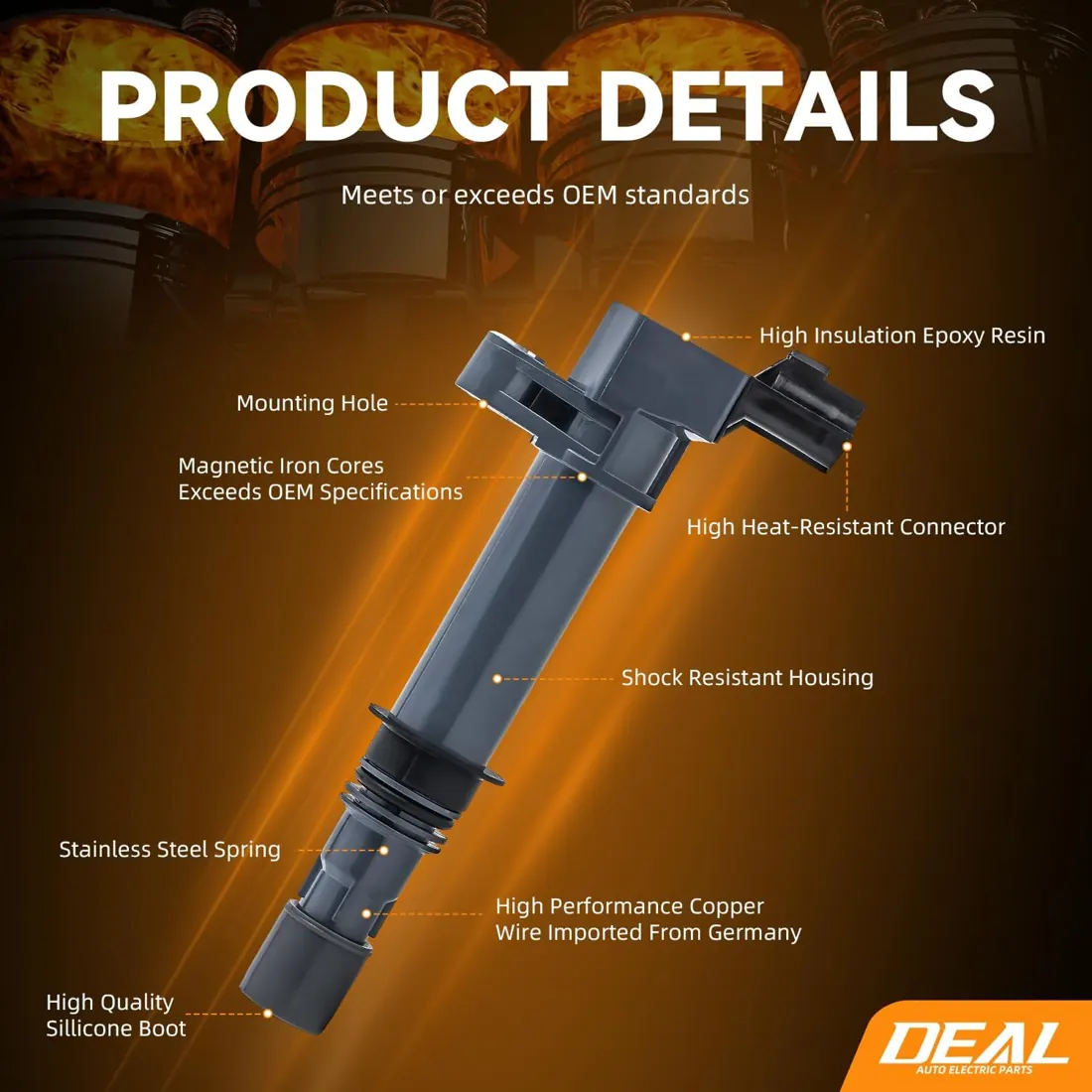 Labeled diagram of the ignition coil showing the epoxy resin insulation, magnetic iron core, shock-resistant housing and heat-resistant connector