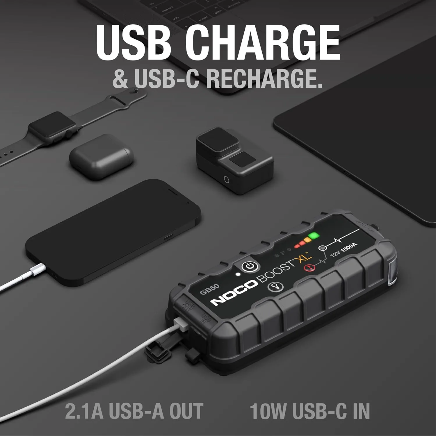 Full kit contents laid out: GB50 unit, battery clamps, USB-C charging cable and microfiber storage bag