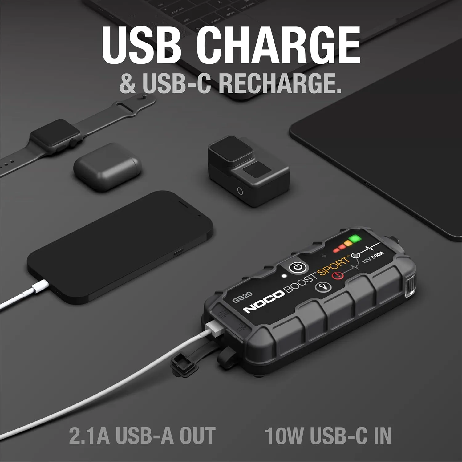 Full kit contents laid out: GB20 unit, battery clamps and USB charging cable