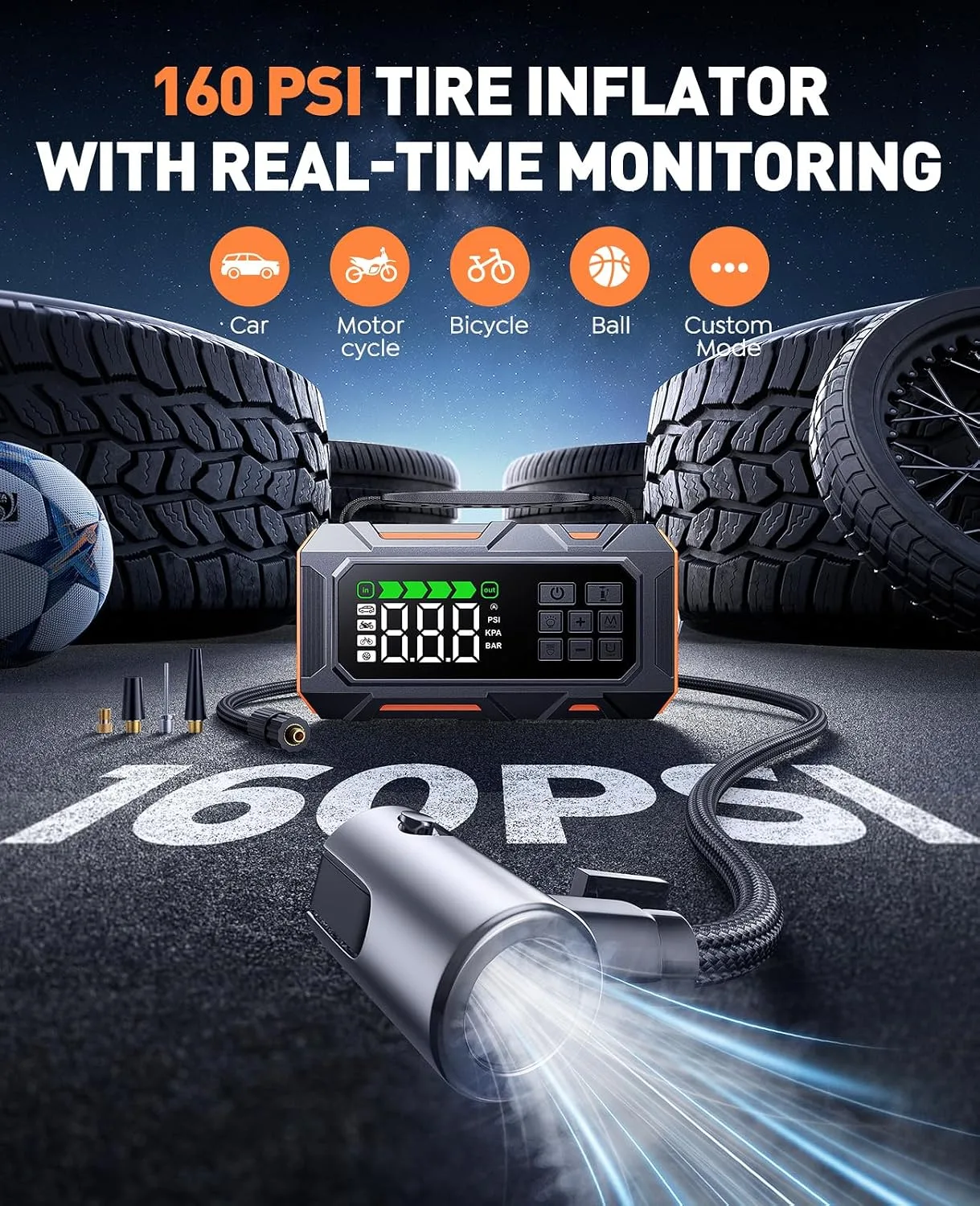 Tire inflator hose, 4 nozzle adapters and tire repair kit laid out