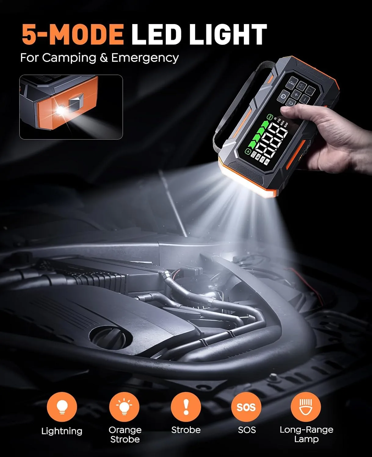 Full 16-in-1 emergency kit: jump starter, tow rope, luggage straps, safety hammer and gloves