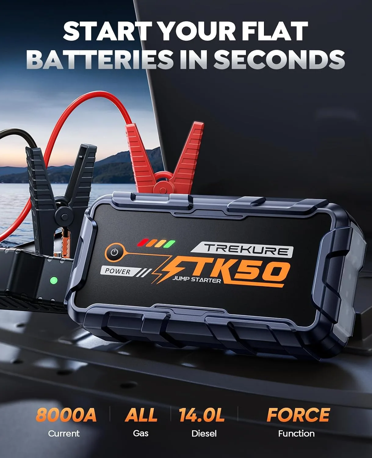 Unit shown next to its 8 AWG jumper cables