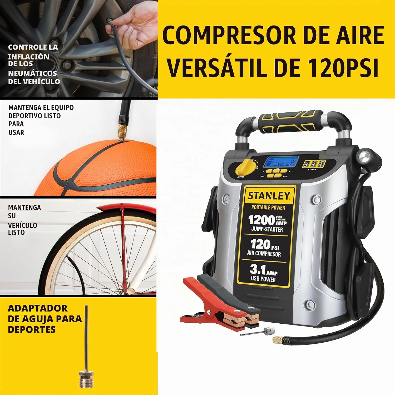 120 PSI air compressor hose and gauge on the side of the unit