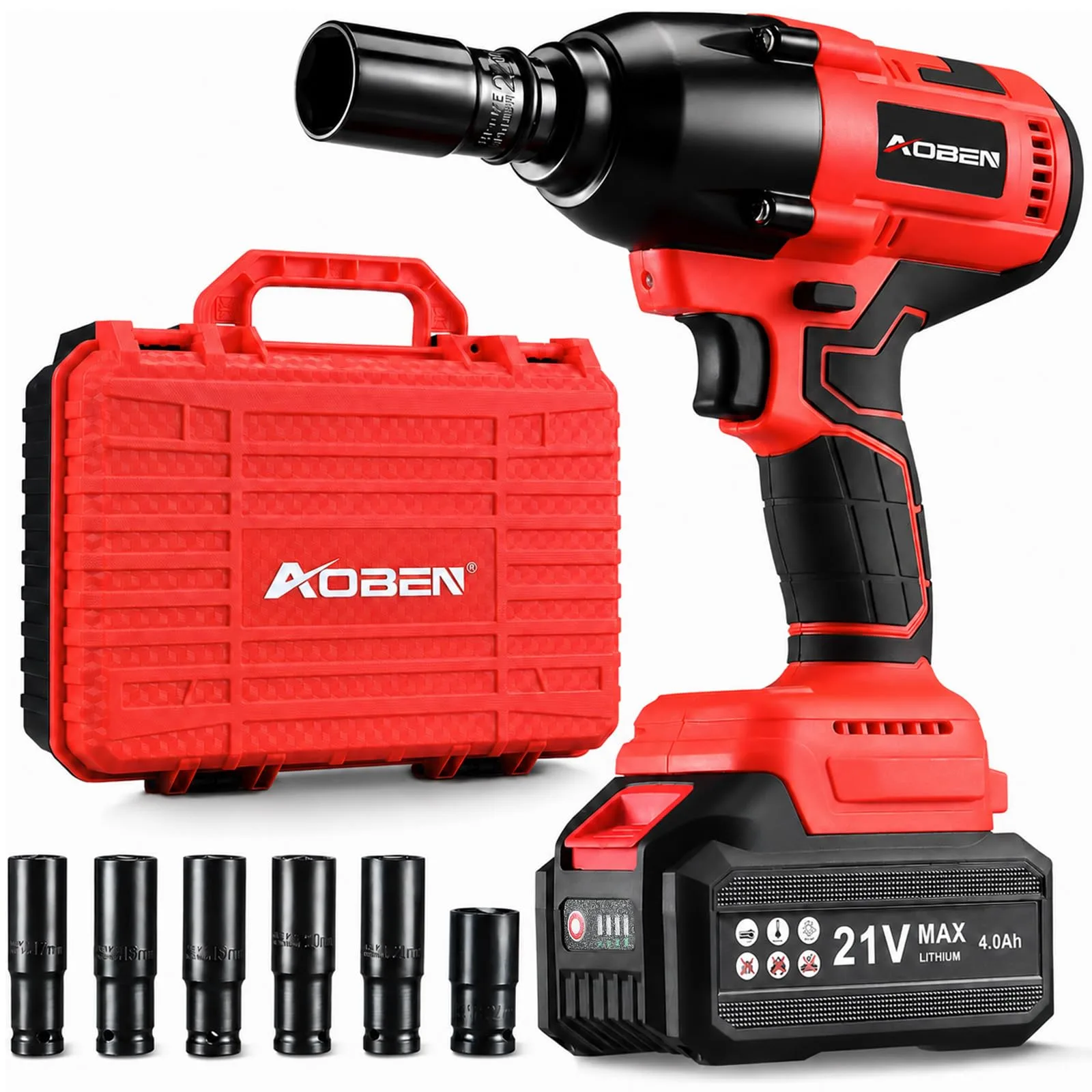 AOBEN 1/2" Cordless Impact Wrench, 600N.m/450 Ft-lbs High Torque, 2x 4.0Ah Batteries