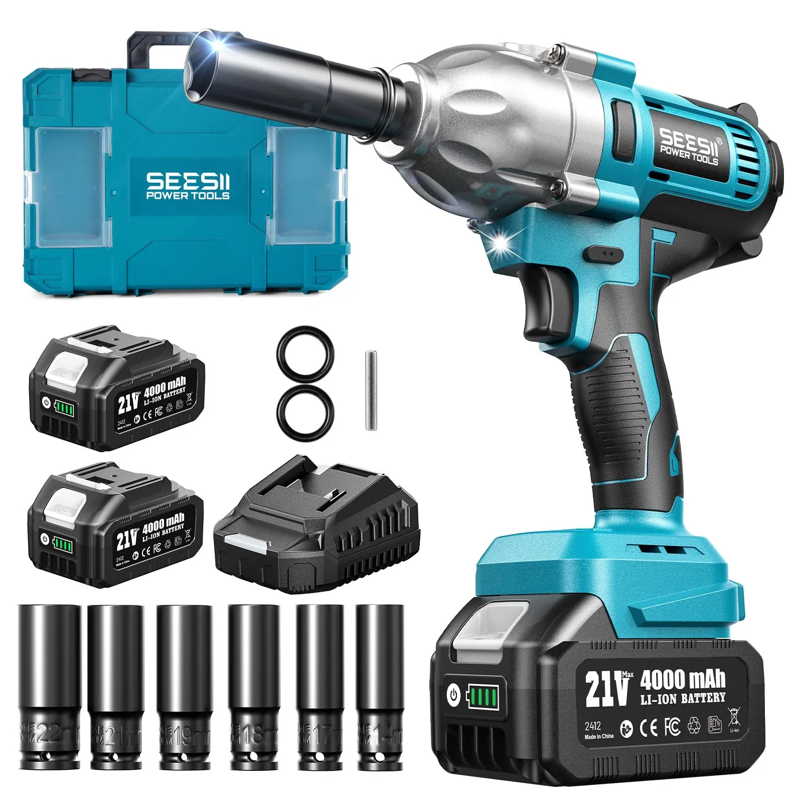 Seesii 1/2" Cordless Impact Wrench, 665 Ft-lbs, Brushless, 2x 4.0Ah Batteries