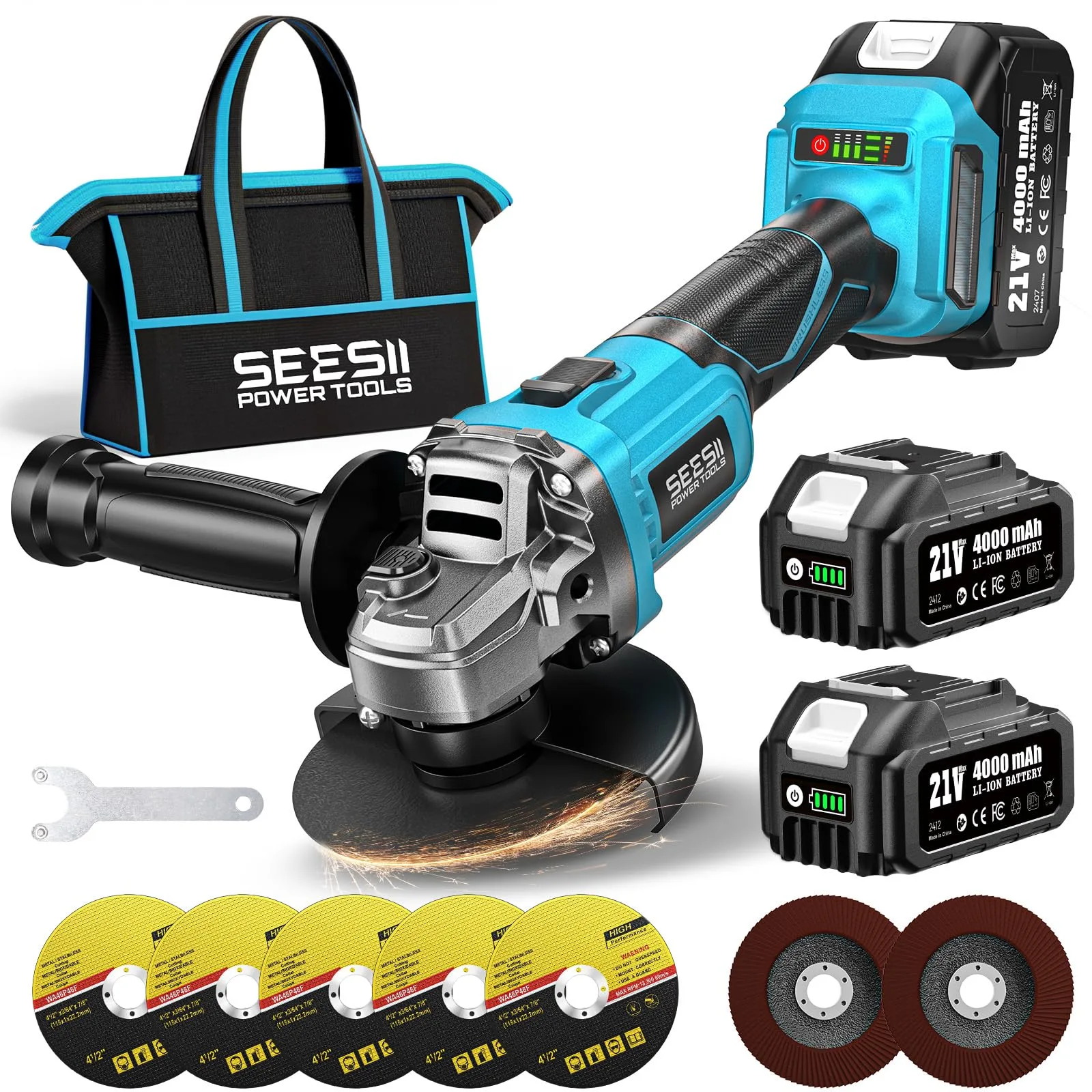 Seesii 4-1/2" Cordless Angle Grinder, Brushless, 2x 4.0Ah Batteries, 3-Speed