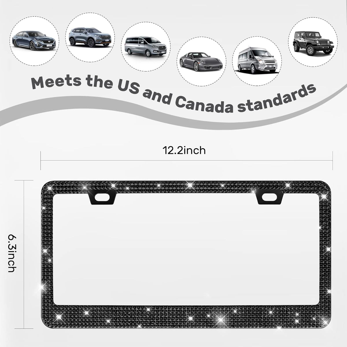 2 Pack Bling License Plate Frames, Sparkly Rhinestone Diamond Car License Plate Cover for Women, Stainless Steel Car Accessories with Glitter Crystal Caps (Black)